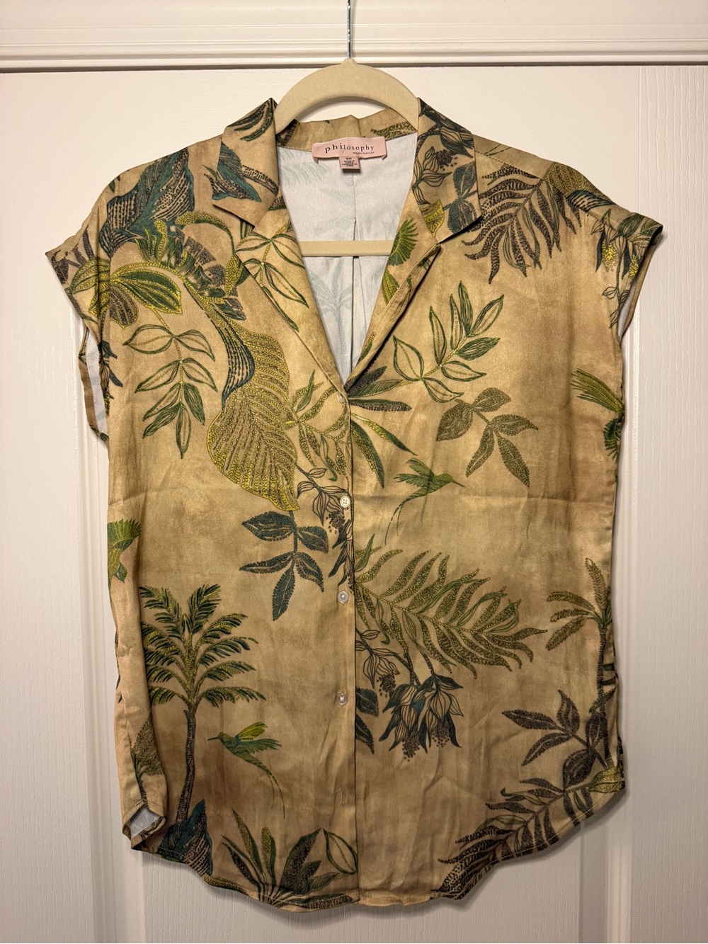 Philosophy Beige Botanical Button-Down Short Sleeve Blouse